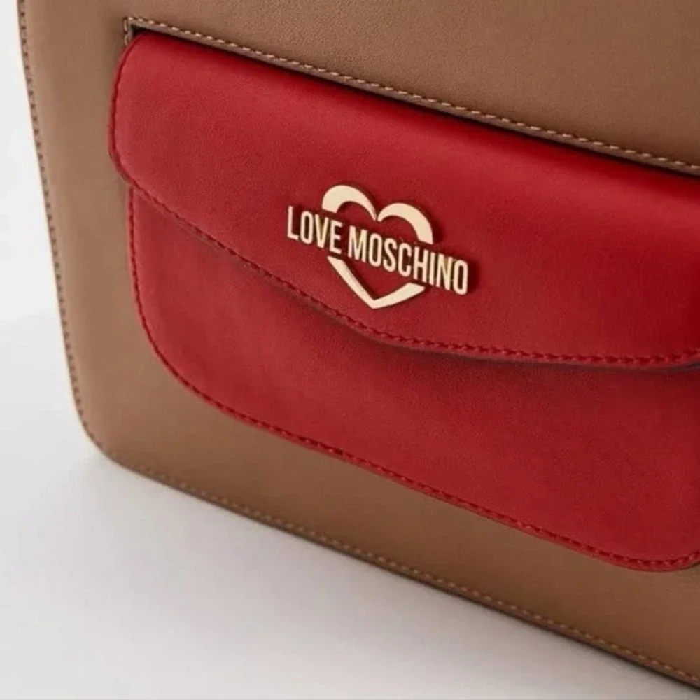 Love Moschino Tan Beige Brown Red Gold Top Handle Handbag Crossbody NWT